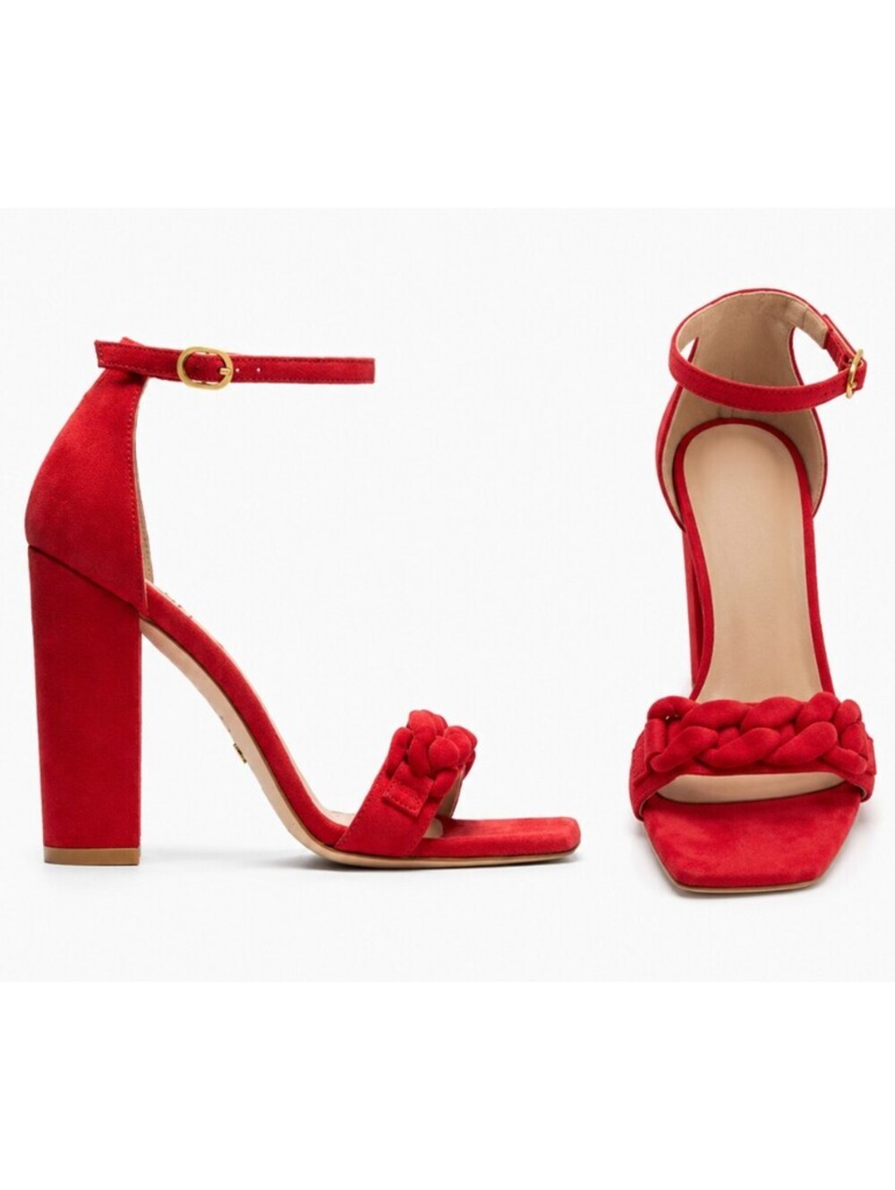 Stuart Weitzman Amelina 100 Red Suede Chain Block Heel Sandals Size 7